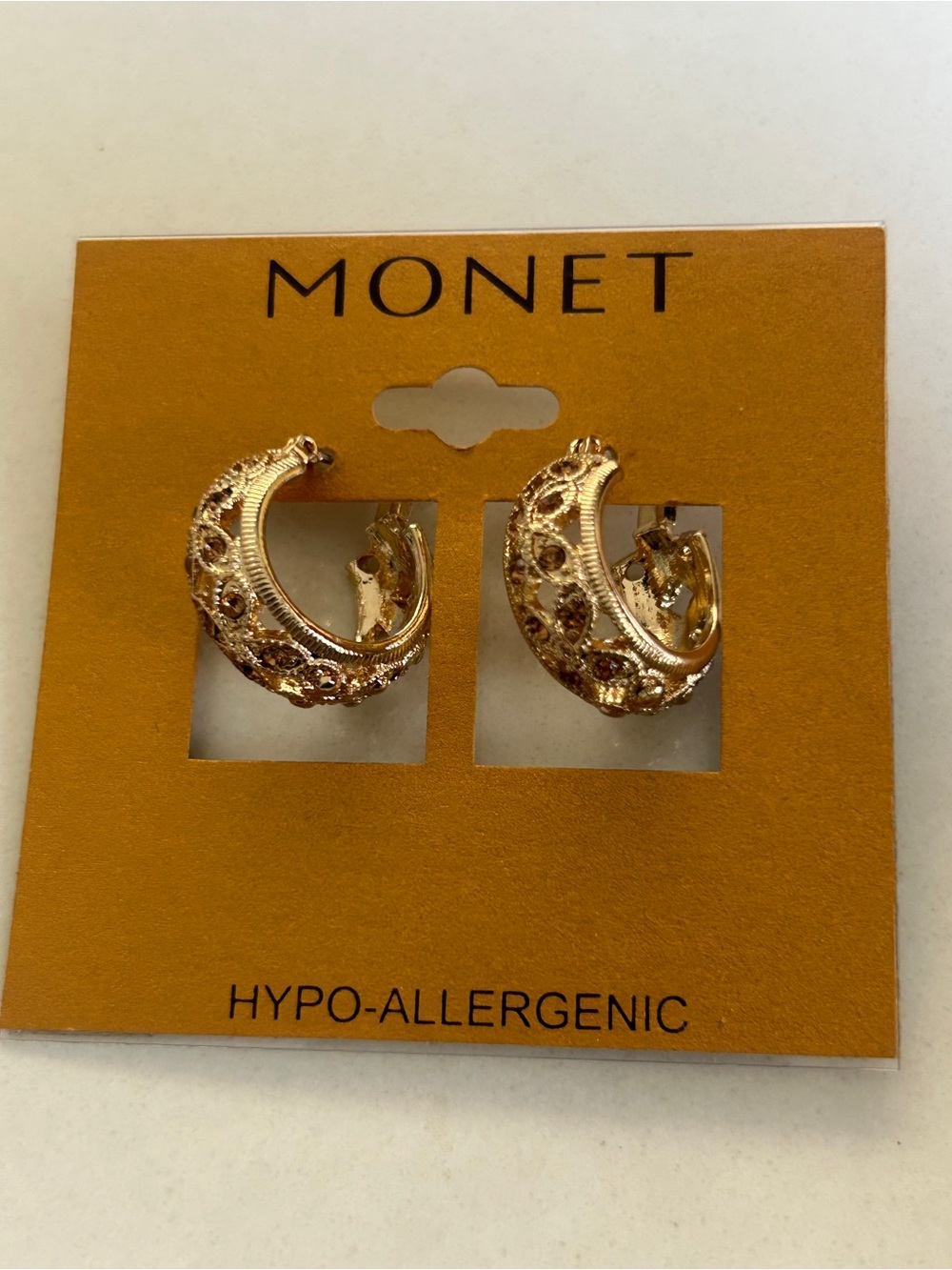 Monet yellow gold-tone crescent hoop earrings Hypoallergenic NEW